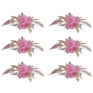 Handmade Pink Artificial Rose Decorative Flower Bunch with Golden Leaves (Pack of 6)