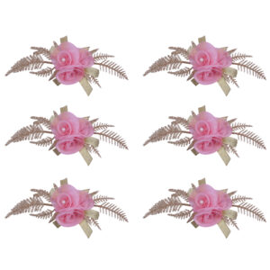 Handmade Pink Artificial Rose Decorative Flower Bunch with Golden Leaves (Pack of 6)