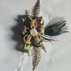 Handcrafted Jute Flower with Peacock Feather & Golden Leaf Decoration-Pack of 6