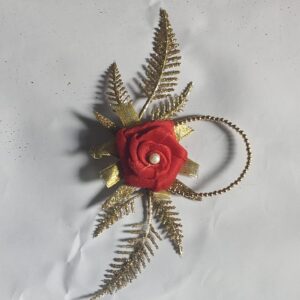 Handcrafted Red Rose Decorative Flower with Golden Leaves & Pearl Bead Accent-Pack of 6